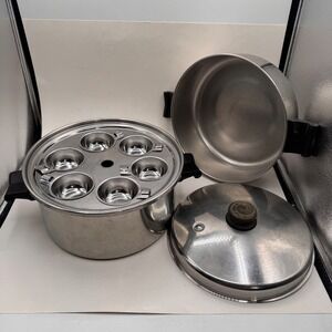 Vintage Saladmaster Stainless Steel 6 Cup Egg Poacher Pot Set with Dome Lid
